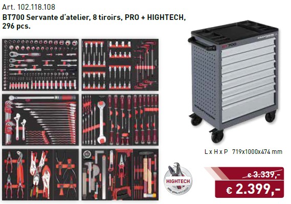 BT700 Servante d'atelier, 8 tiroirs, PRO, 296-pcs Kraftwerk KW102.118.108